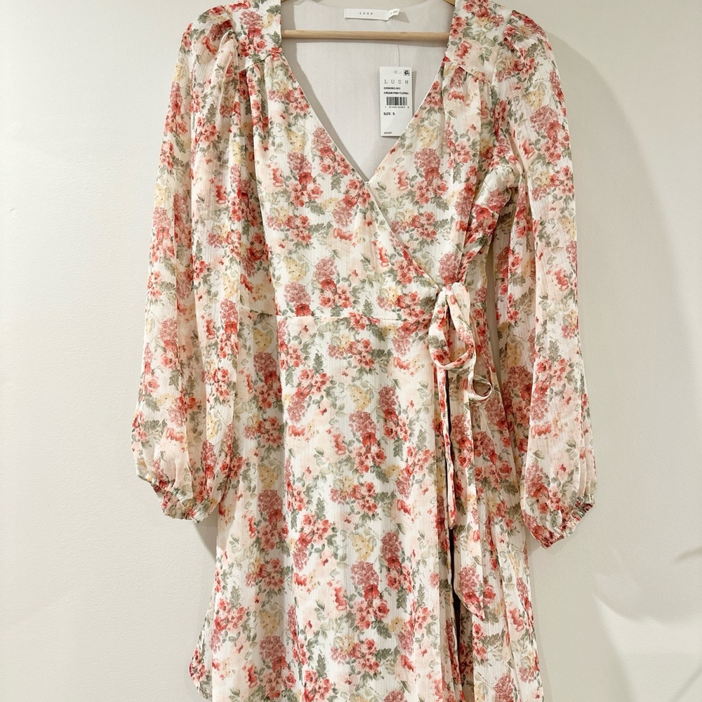 Lush Cream Long Sleeve Dress with Floral Design - Picture 3 of 9